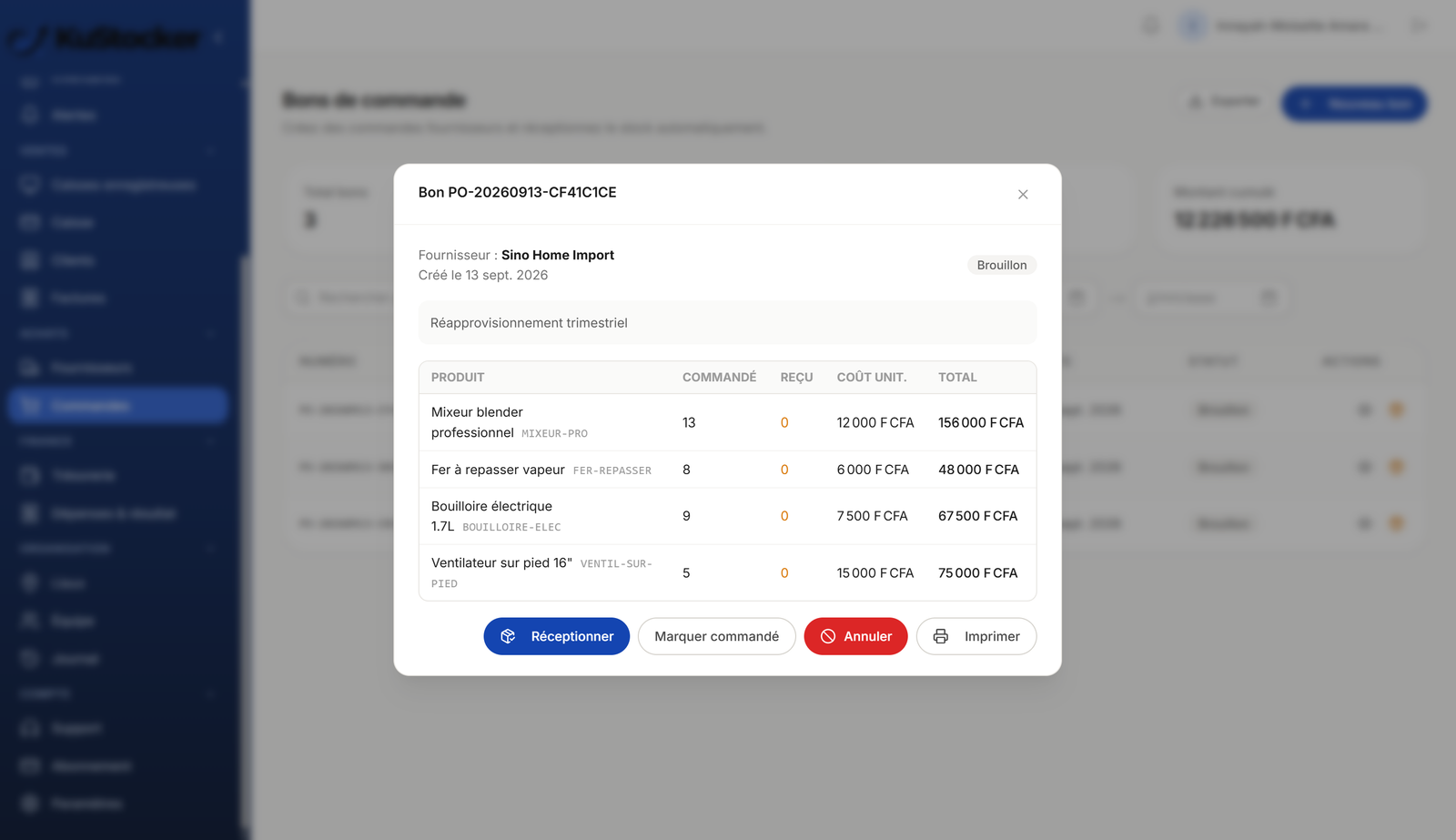 Fiche fournisseur et réception de commande dans KuStocker